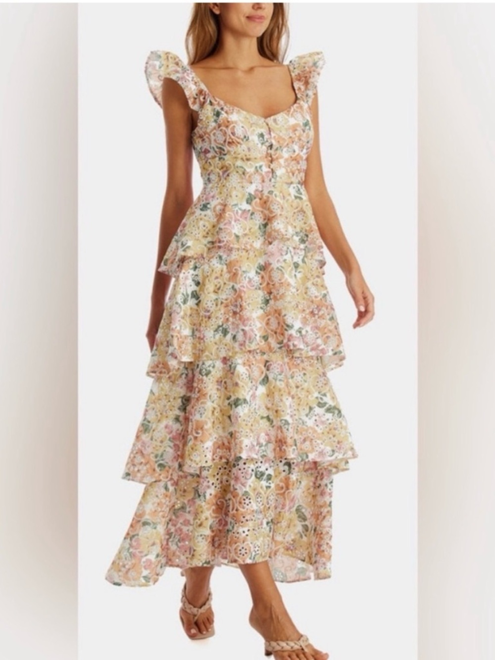 En Saison Floral Tiered Midi Dress in Pastel Yellow & Pink